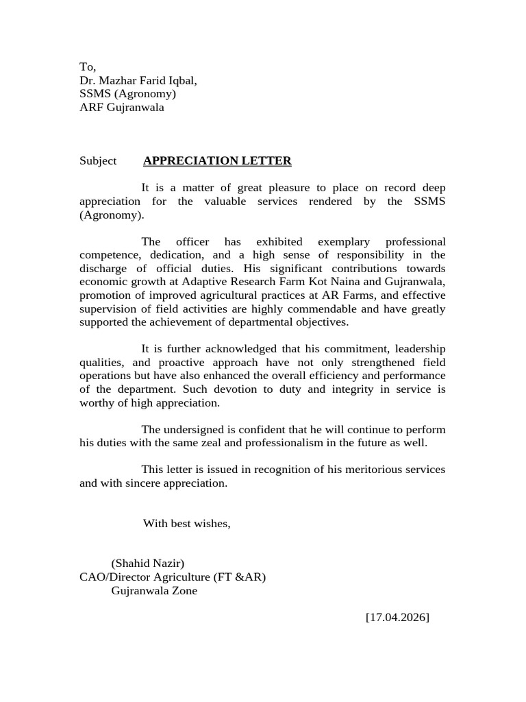 Letter Of Appreciation PDF