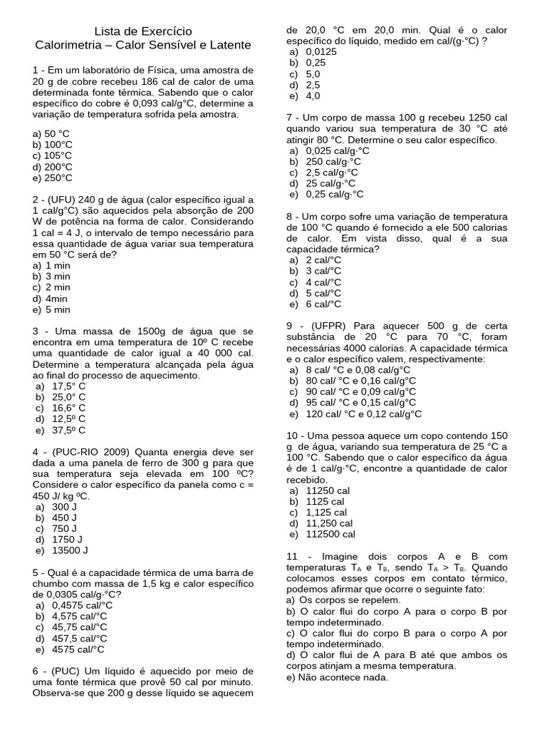 Lista de Calorimetria Atualizada | PDF | Calor | Capacidade térmica