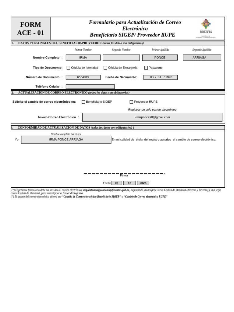 Formulario ACE01 | PDF | Documento de identidad | Gobierno y personalidad