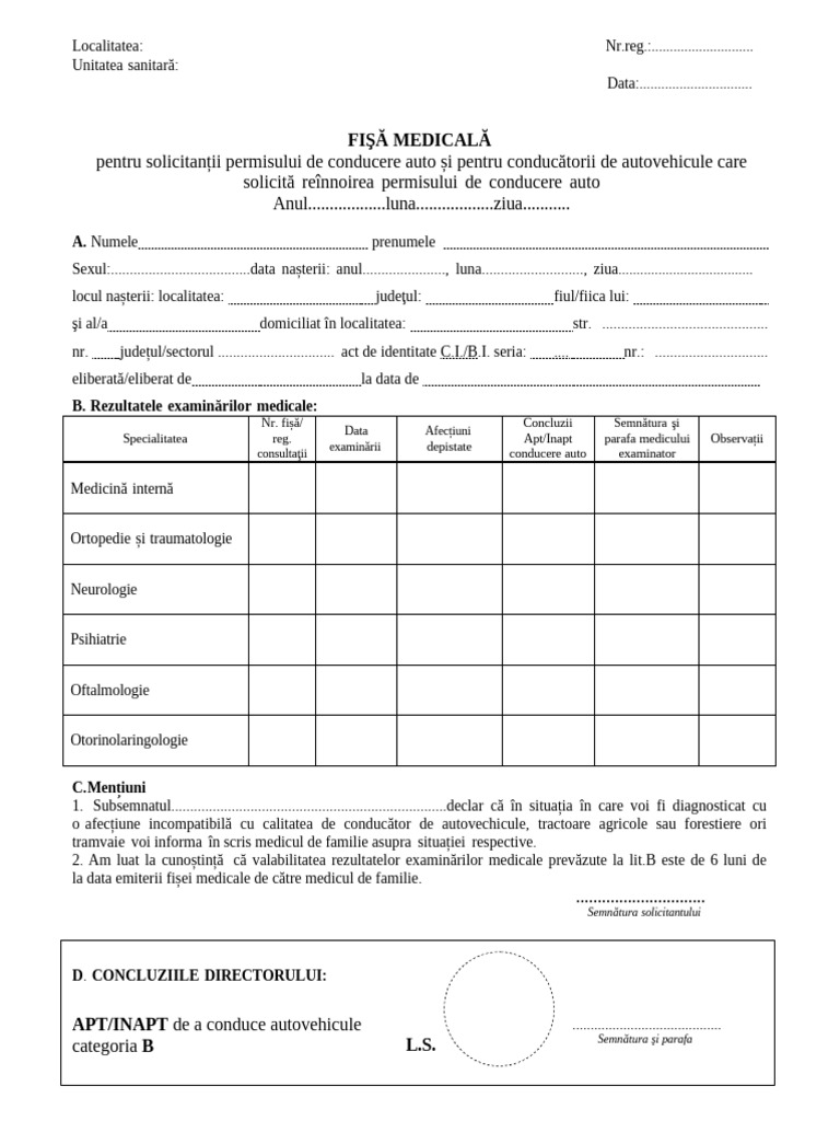 Fisa Medicala Cond Auto Categoria B | PDF