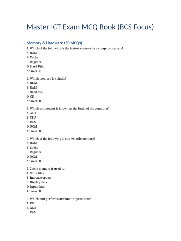 ICT Master MCQ Book | PDF | Computer Data Storage | Random Access Memory
