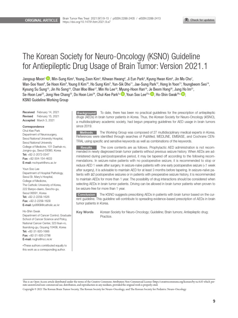KSNO Guidelines for Antiepileptic Drug Usage of Brain Tumor (2021) | PDF