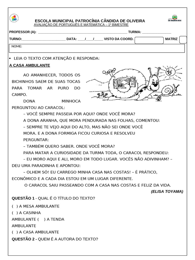Avaliação 1 Bimestre Portugues e Matematica | PDF