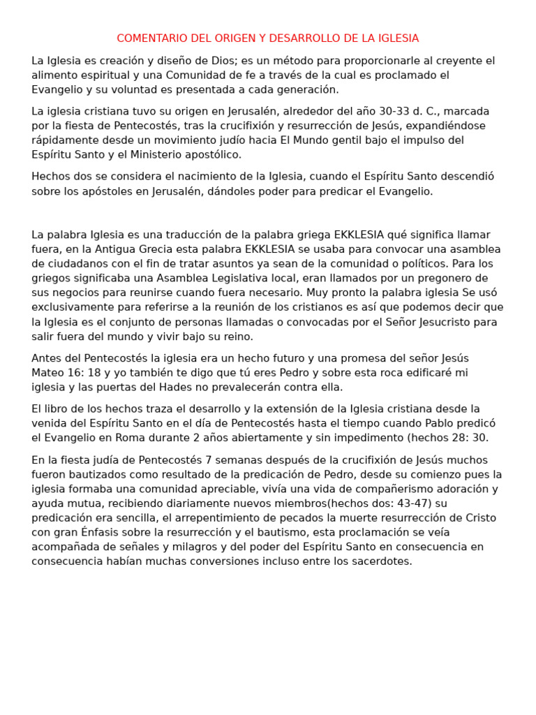Comentario Del Origen y Desarrollo de La Iglesia | PDF | Iglesia ...