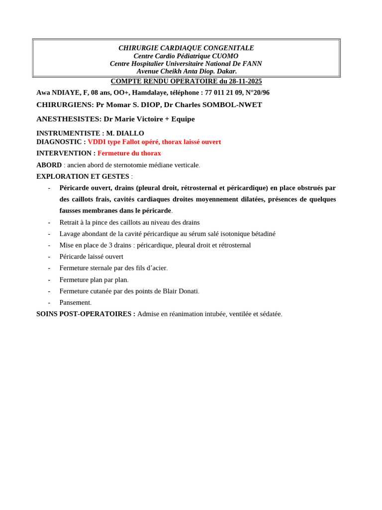CRO Du 28.11.2025 Awa NDIAYE - Fermeture Thorax | PDF