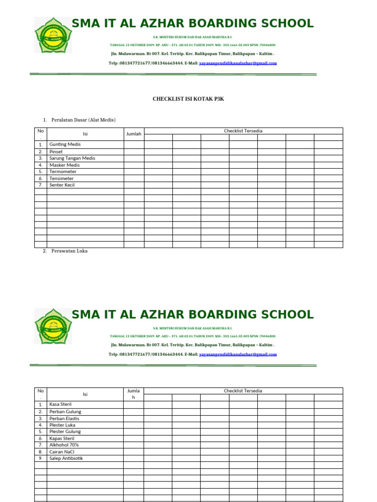 Checklist Isi Kotak p3k | PDF