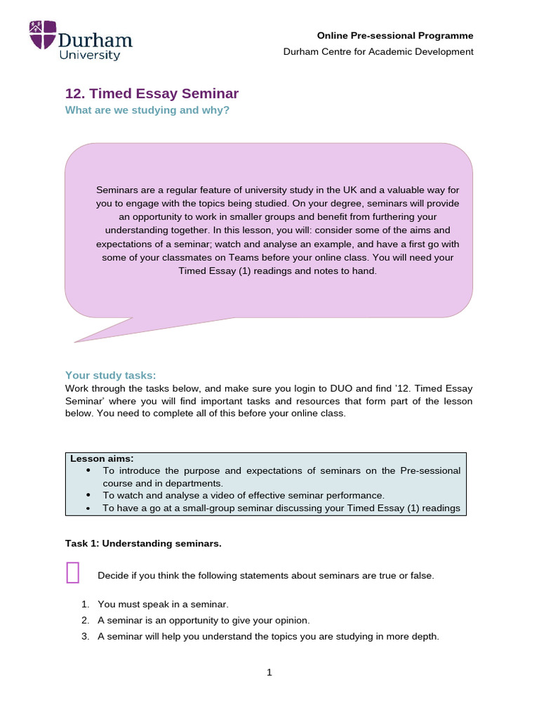 12. Timed Essay Seminar Worksheet | PDF | Teachers | Reading Comprehension