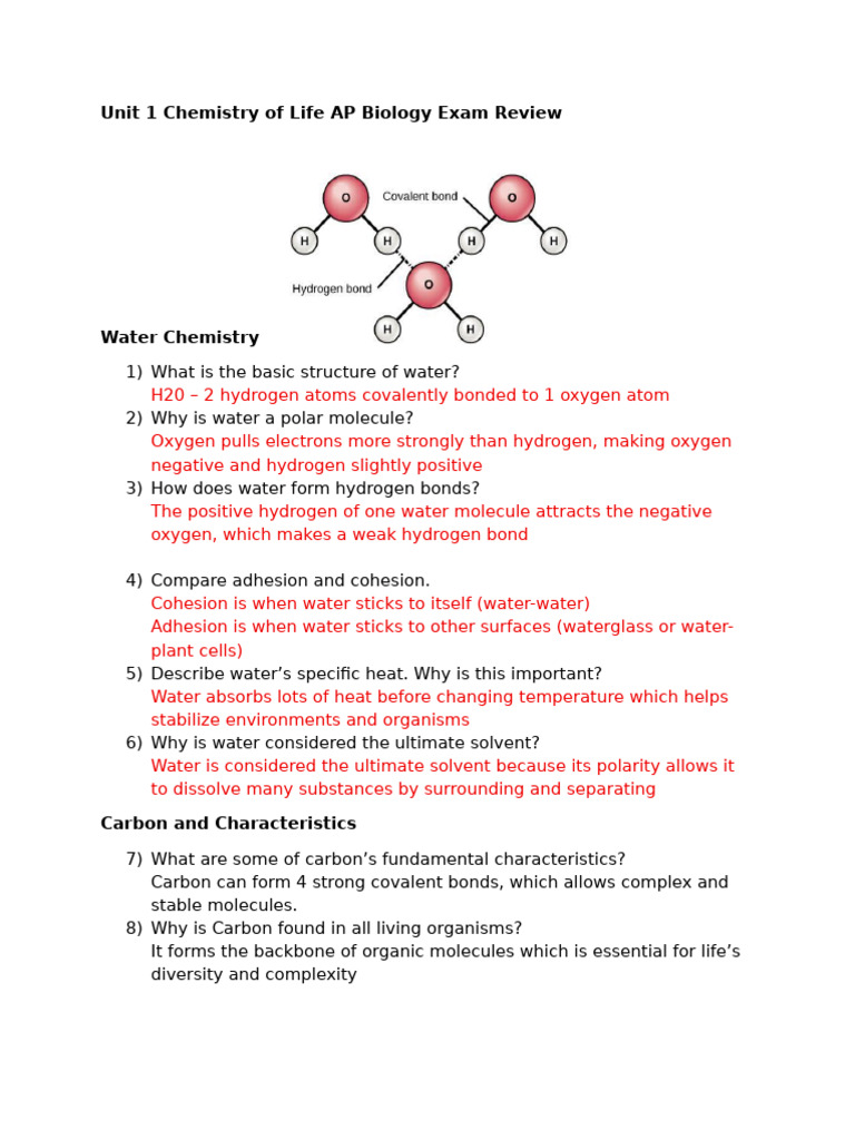 Unit 1 Chemistry of Life AP Bio Review | PDF | Enzyme | Acid