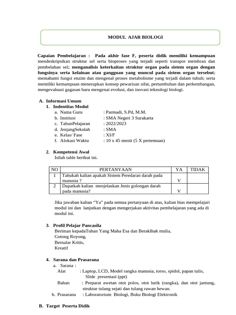 Modul Ajar Biologi Sistem Sirkulasi Fase f Smt 1 Kelas Xi | PDF