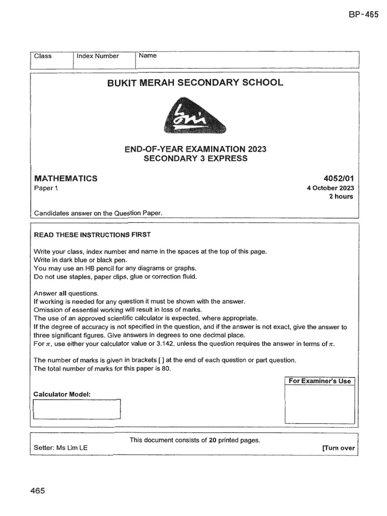 E-Math - Sec 3 - SA 2- 2023 - Bukit Merah Sec | PDF | Area | Mathematics
