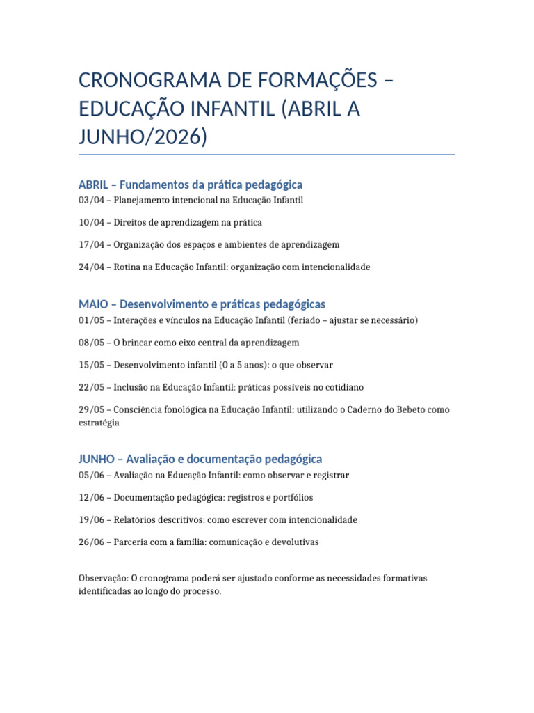Cronograma Formacoes Educacao Infantil | PDF