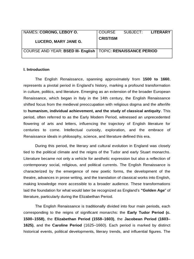 Written Report Renaissance Period Revised | PDF | English Literature ...