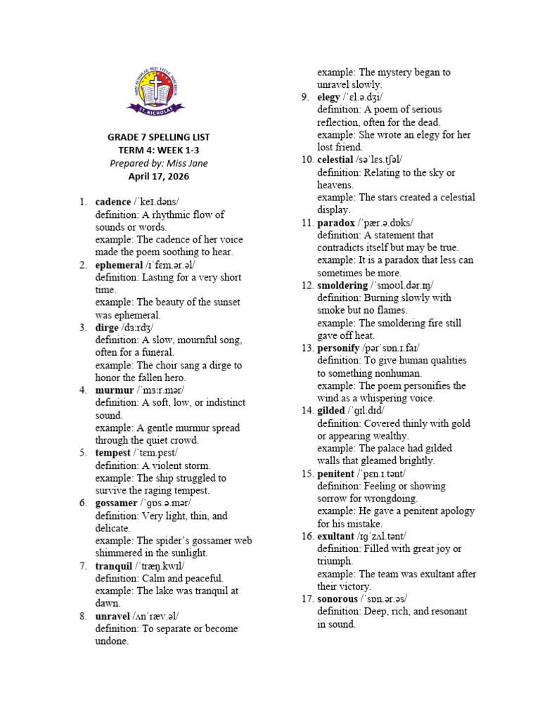 Grade 7 Spelling List Sem 2 Term 4 w 1-3 | PDF