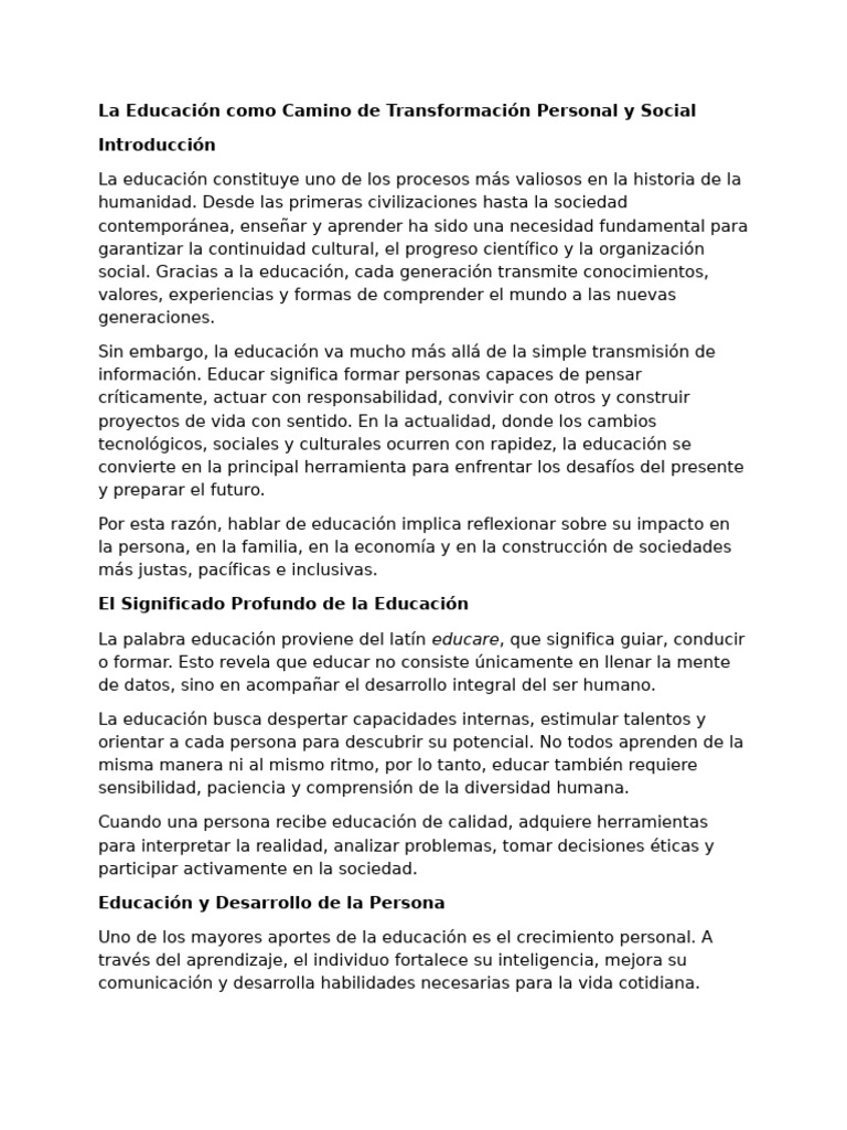 La Educación como Camino de Transformación Personal y Social | PDF ...