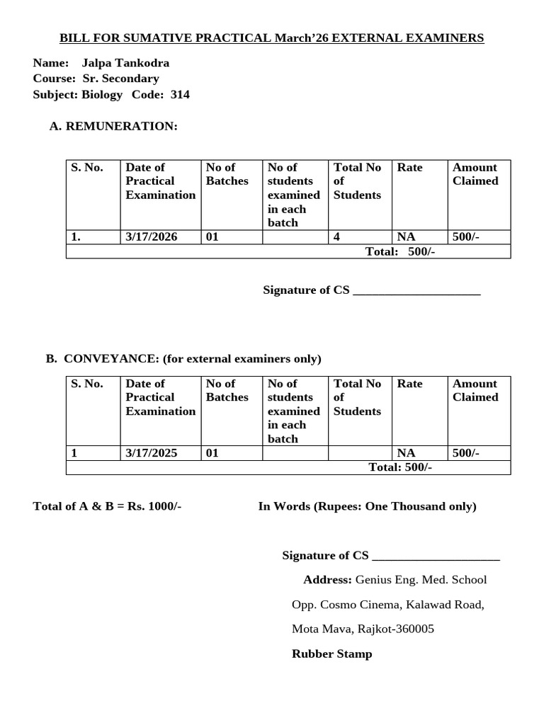 Bill for Sumative Practical March External | PDF