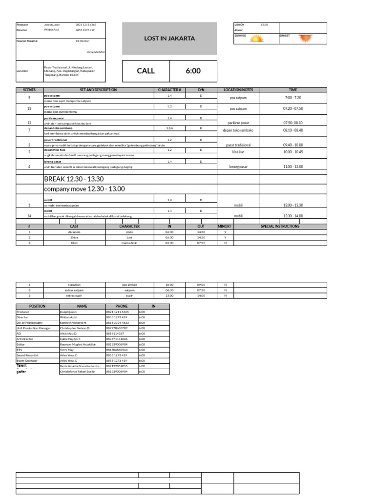 Updated Lij Call Sheet - Call Sheet Day1 (1) | PDF
