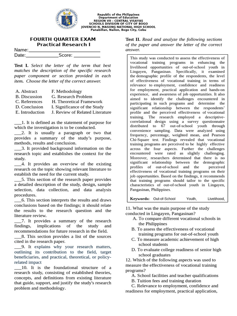 Practical Research Test Questions | PDF | Survey Methodology ...