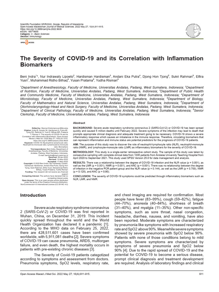 The Severity of COVID-19 and Its Correlation With Inflammation ...