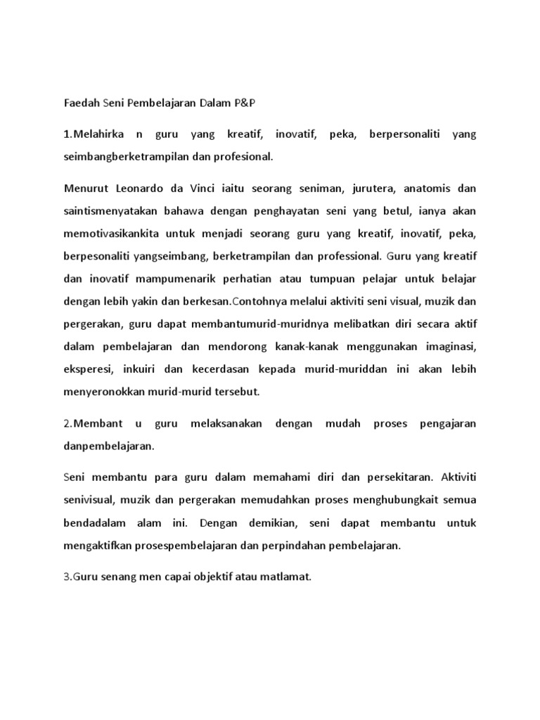 Faedah Seni Pembelajaran Dalam P Pdf