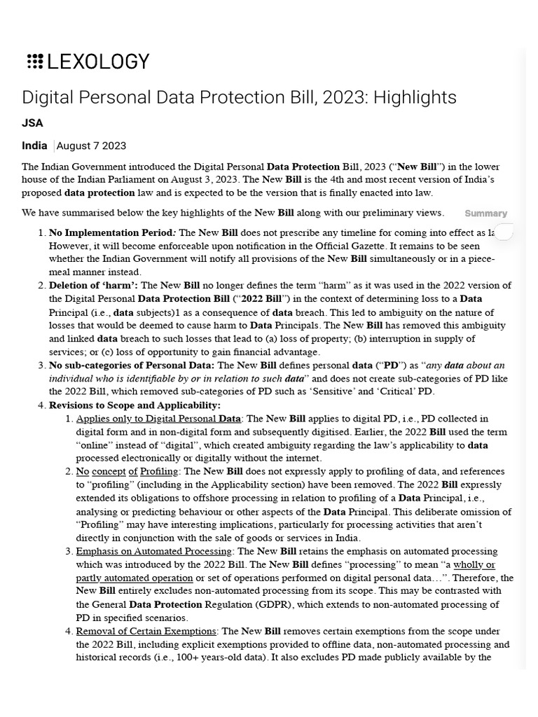 Digital Personal Data Protection Bill, 2023_ Highlights - Lexology ...