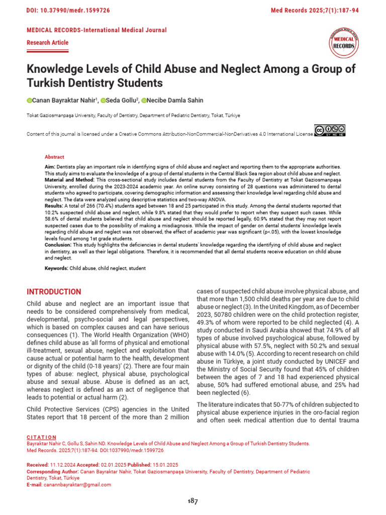 Knowledge Levels of Child Abuse and Neglect Among | PDF | Dentistry ...
