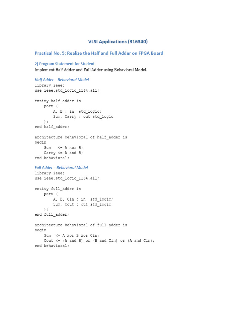 VLSI Applications 316340 Practical No 5 Half Full Adder | PDF | Digital ...