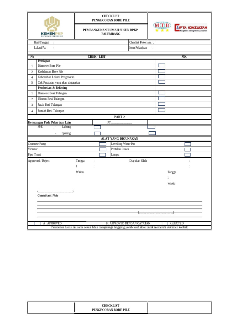 Check List Bore Pile | PDF