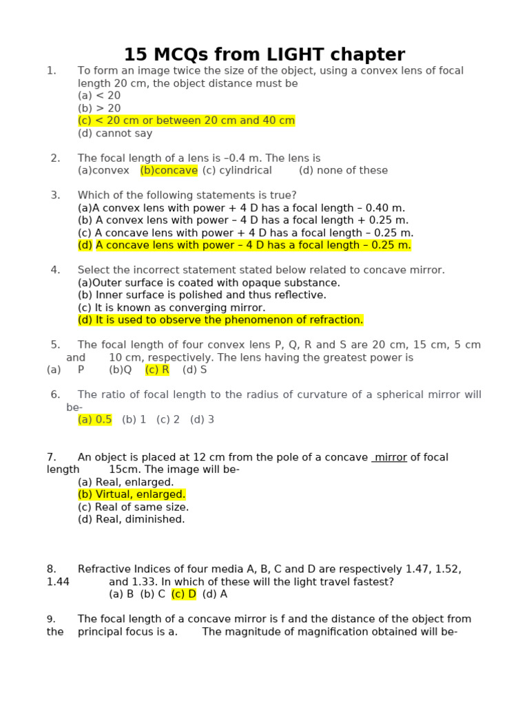 Entrance Questions From Light and Human Eye | PDF | Refraction | Waves