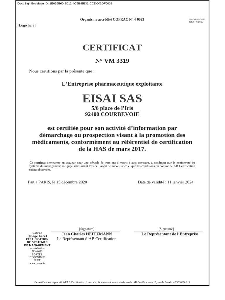 Part 1 Exh 2 - Eisai France Certificate | PDF