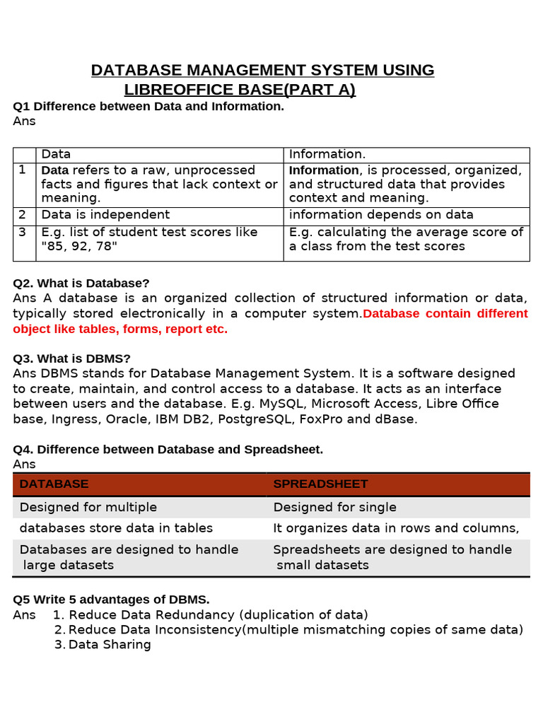 Database Management System Using LibreOffice Base Part a(Notes) | PDF ...