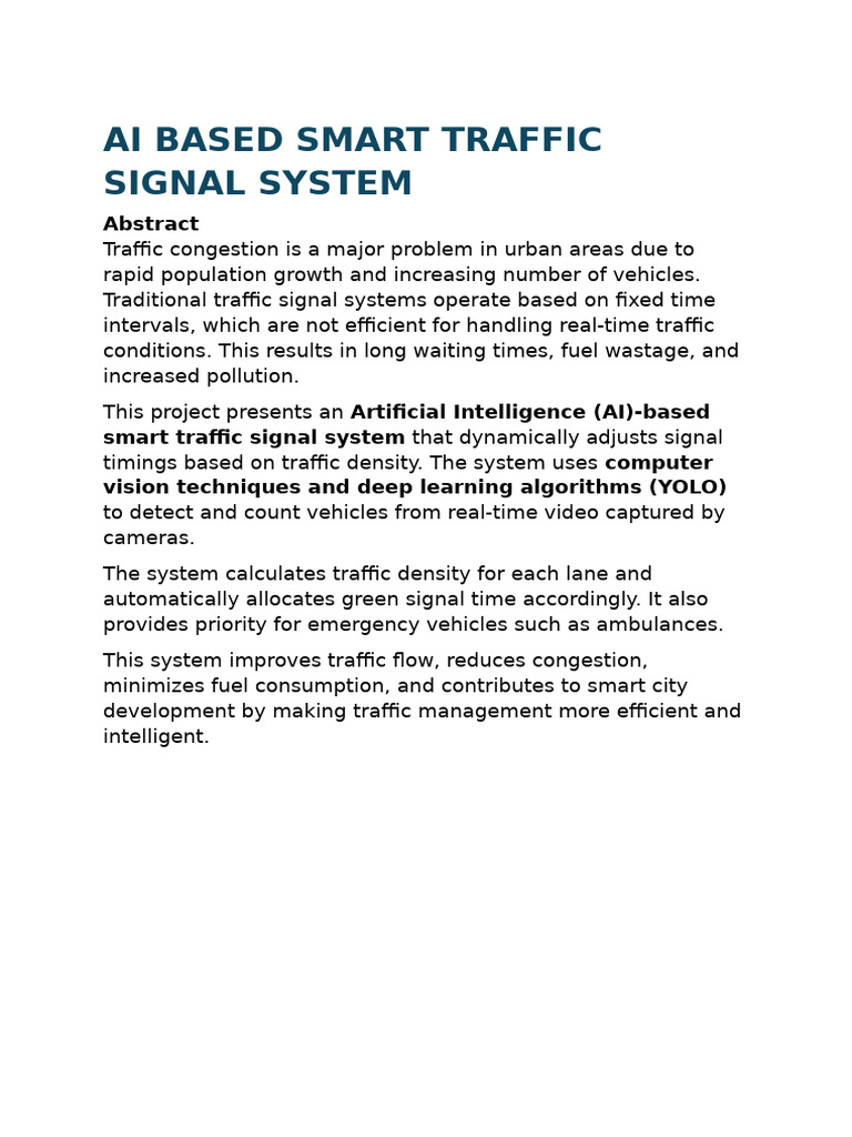 Ai Based Smart Traffic Signal System-1 | PDF | Traffic | Artificial ...