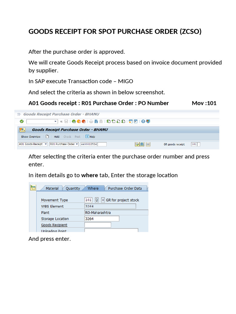 Goods Receipt for Spot Purchase Order | PDF