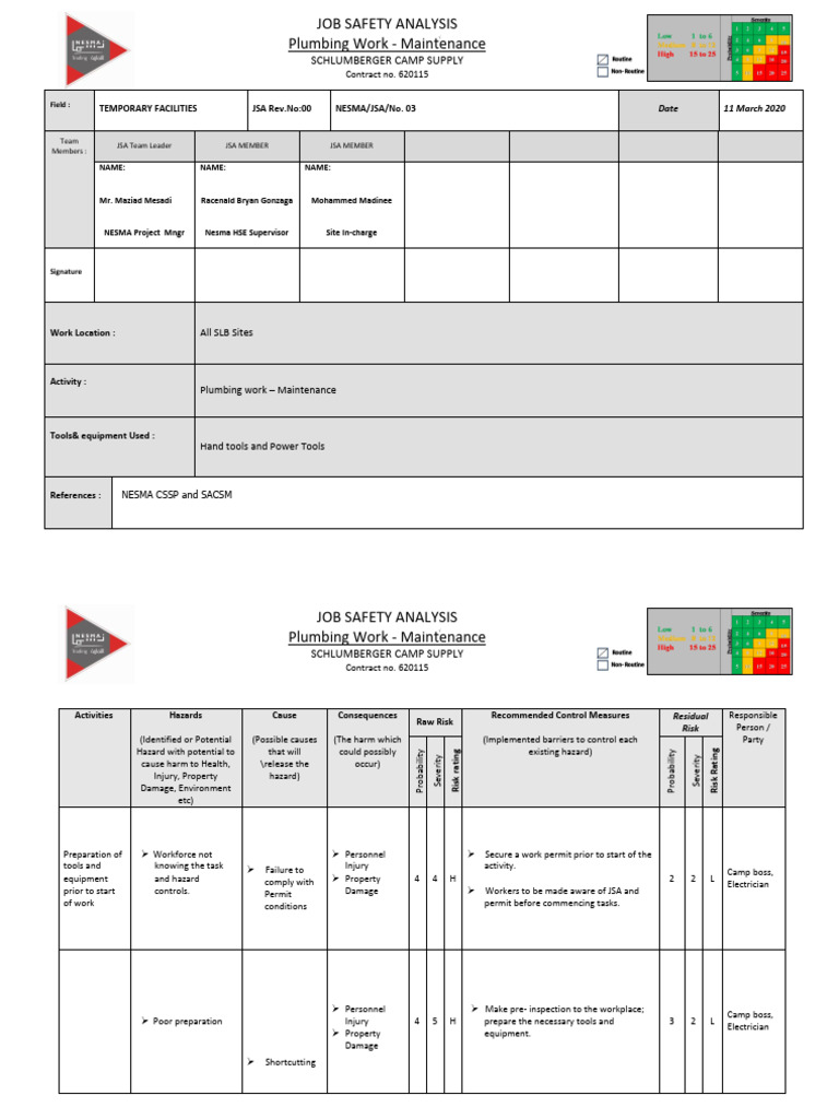 JSA - Plumbing Work | PDF | Workplace | Occupational Safety And Health