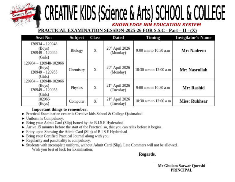 10 Class Practical Time Table 2025 26 | PDF