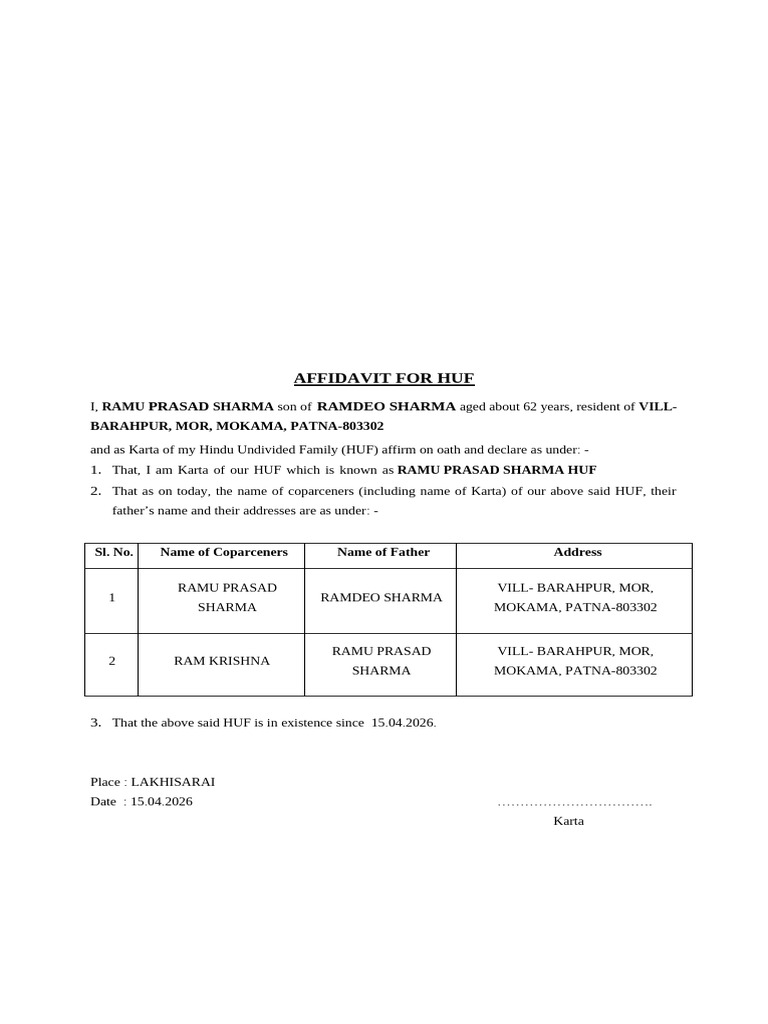 Affidavit For Huf Draft | PDF