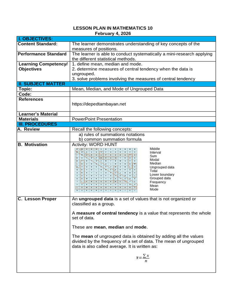 Lesson Plan in Mathematics 10 | PDF | Variance | Mode (Statistics)