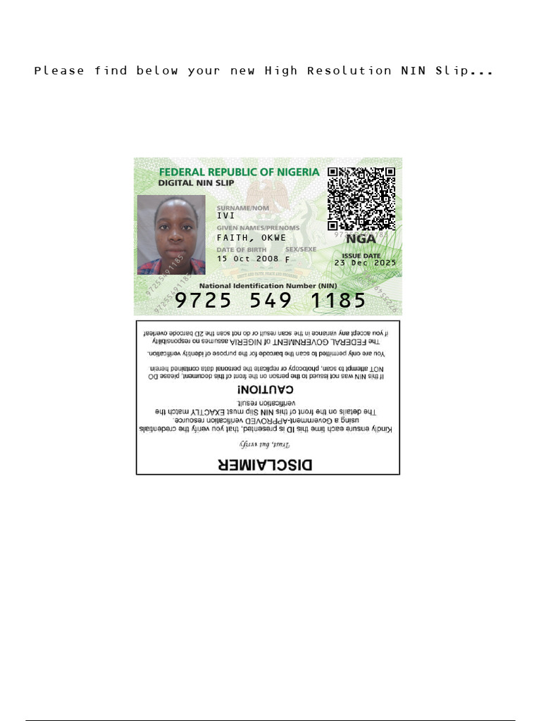 Premium NIN Slip - 97255491185 | PDF