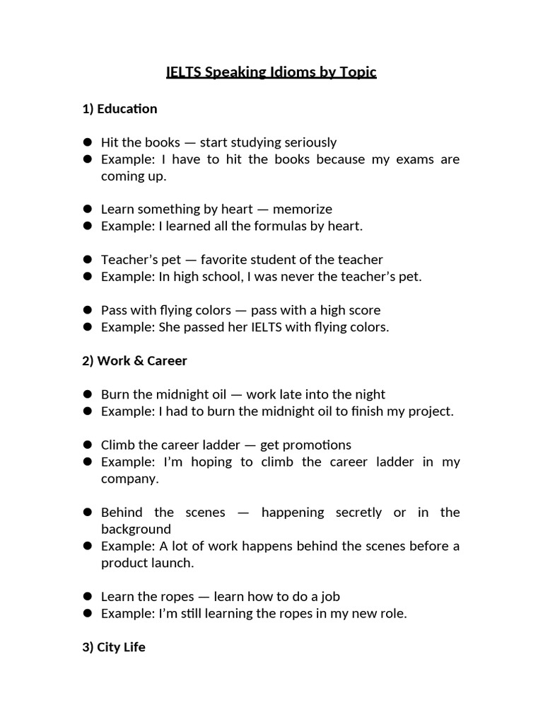 IELTS Speaking Idioms by Topic | PDF