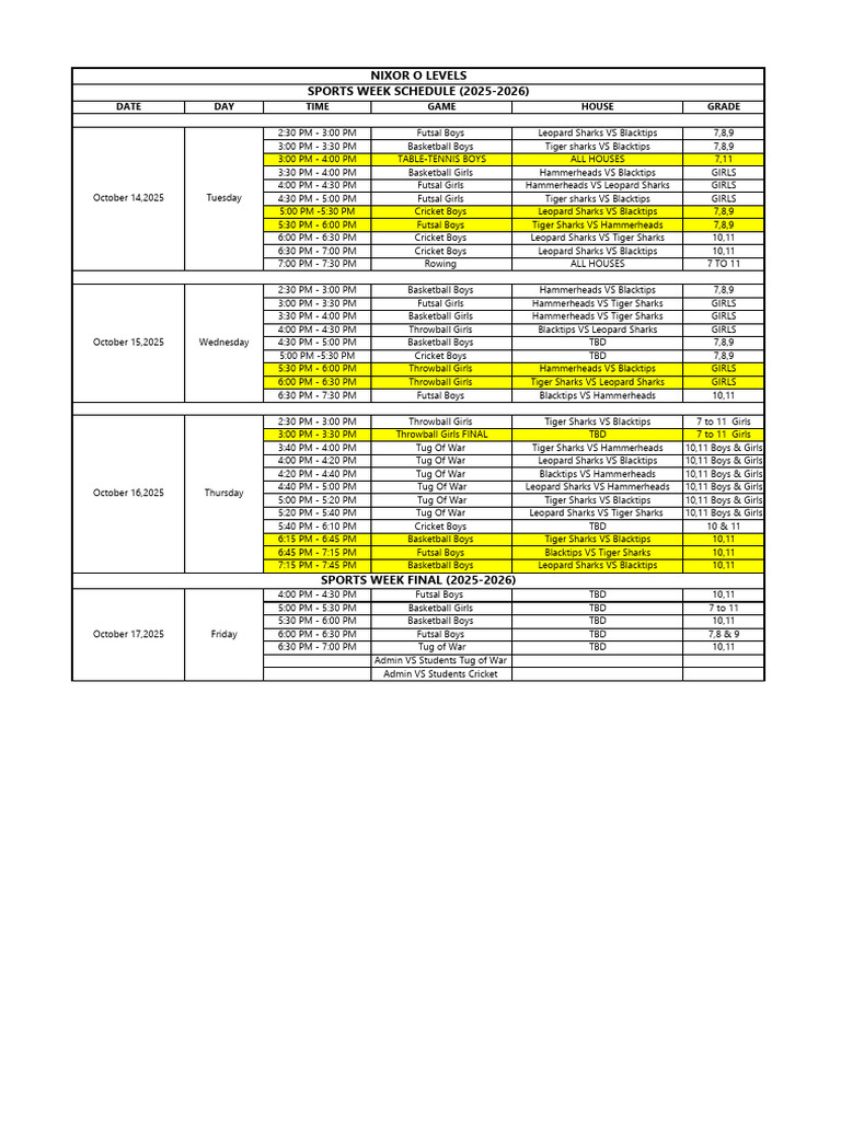 Sports Week Schedule - Updated | PDF | Elasmobranchii | Sharks