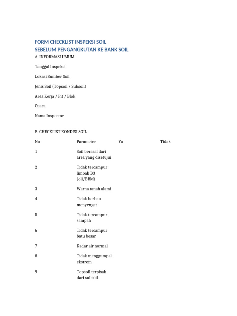 Form Checklist Inspeksi Soil Bank Soil | PDF