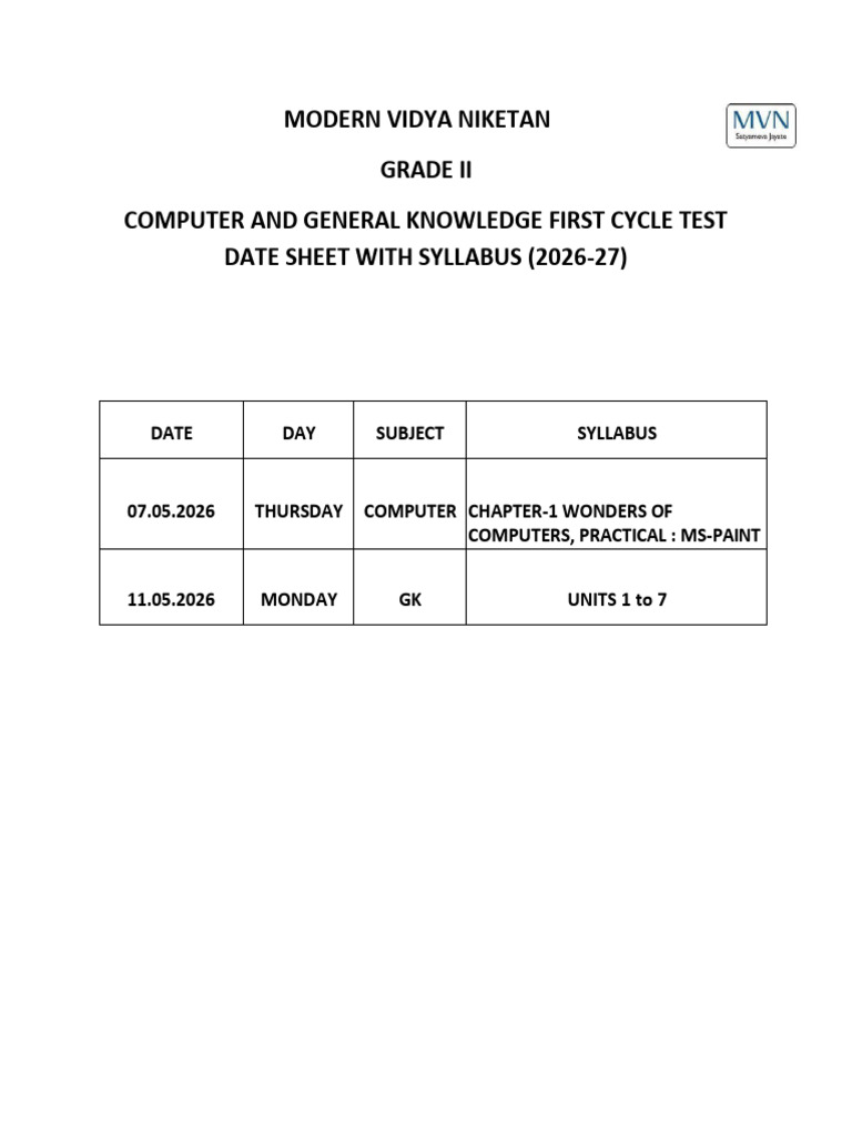 Grade II Computer & Gk First Cycle Test Date Sheet With Syllabus for ...