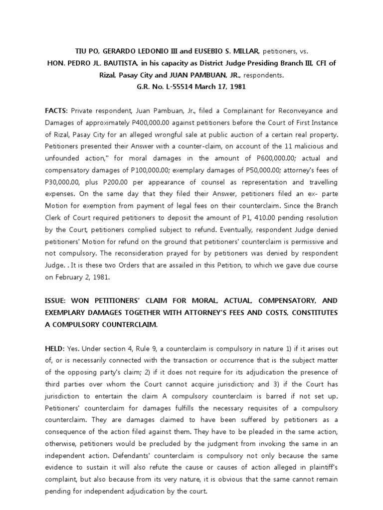 Compulsory Counterclaim in Damages Case | PDF | Damages | Counterclaim
