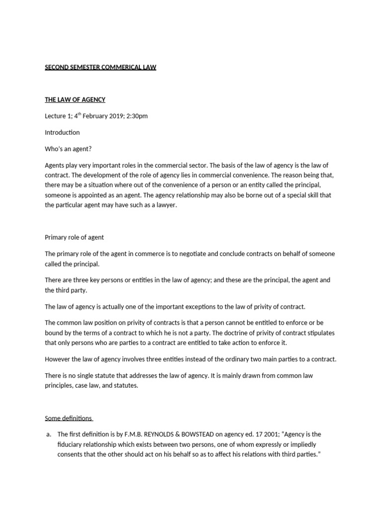 COMMERCIAL LAW (AGENCY) LECTURE NOTES | PDF | Law Of Agency | Legal ...