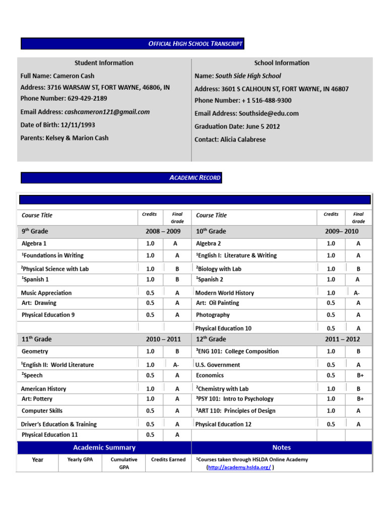 Cameron-Official-High-School-Transcript | PDF