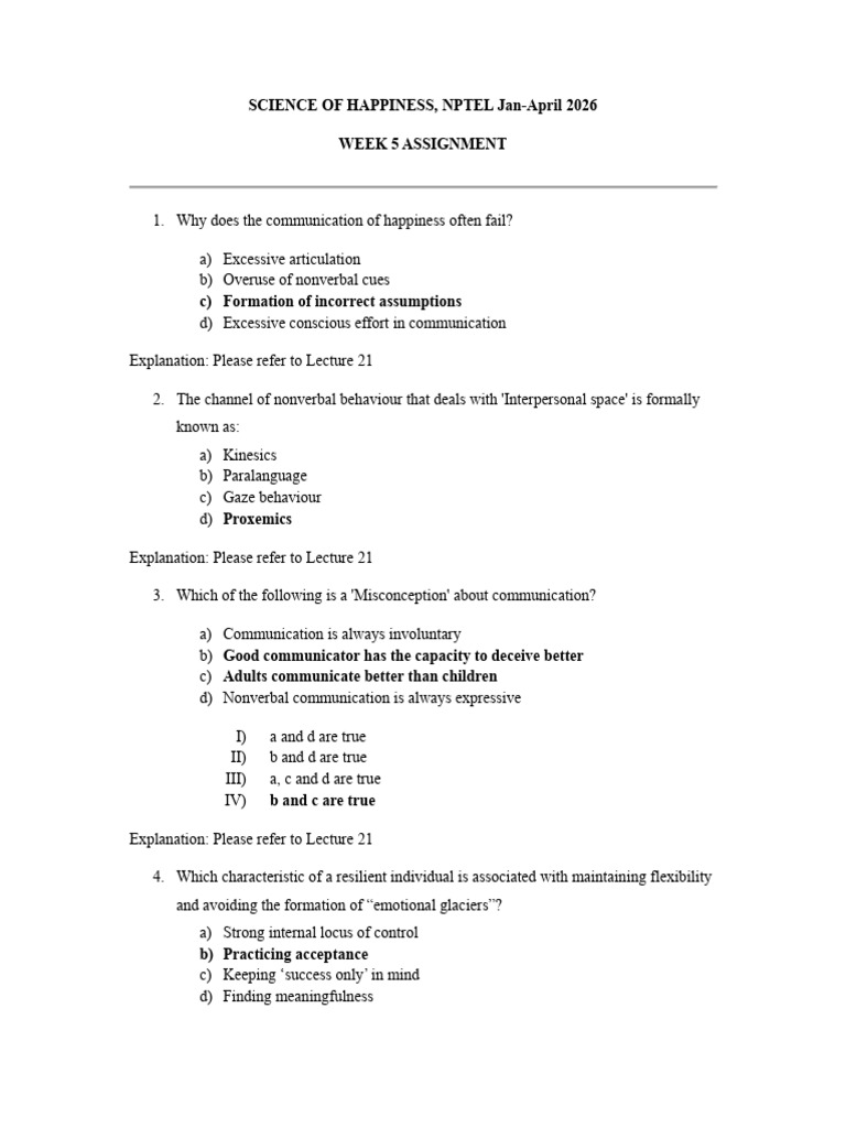 The Science of Happiness and Wellbeing (NPTEL) Week 5 Assignment Jan ...