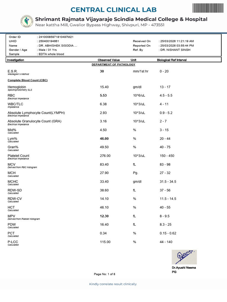 Blood Report 25.3.2026 | PDF | Vitamin D | Medical Specialties
