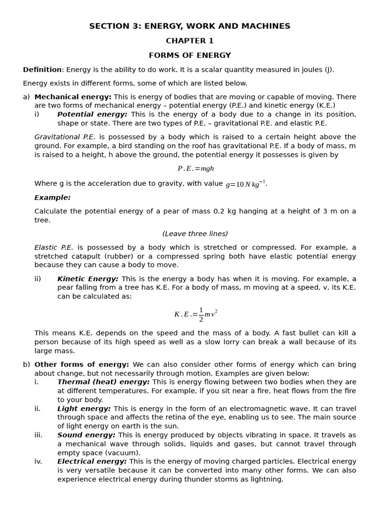 Form 3 Physics Notes - Energy, Work and Machines | PDF | Lever | Machines
