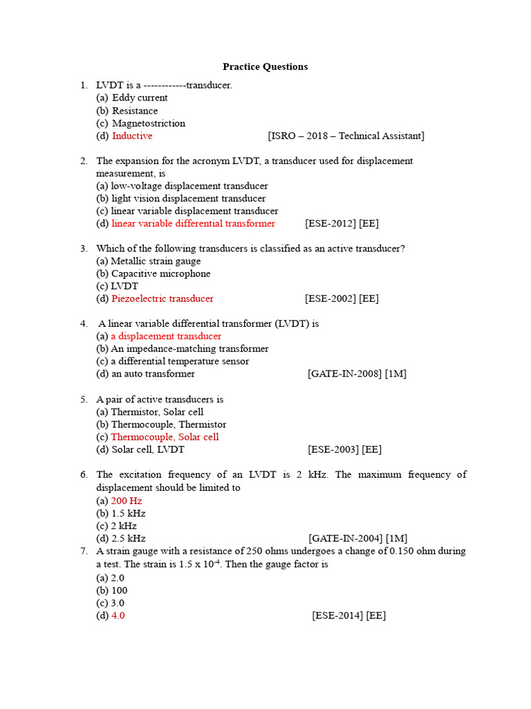 MCQ on Transducers (Updated) | PDF | Electrical Resistance And ...