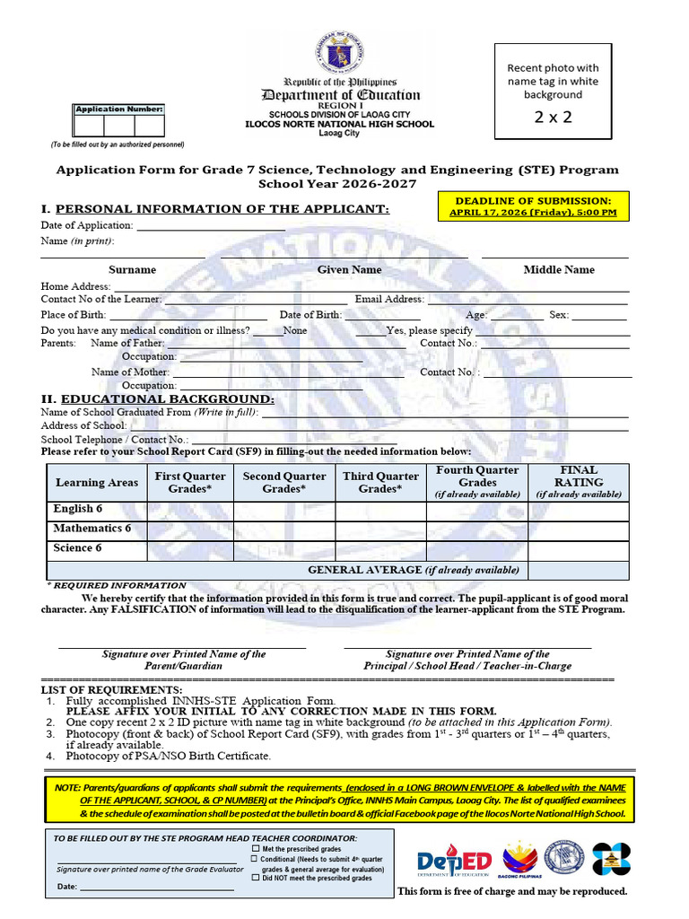 INNHS STE Application Form for Grade 7 SY 2026-2027 2 | PDF