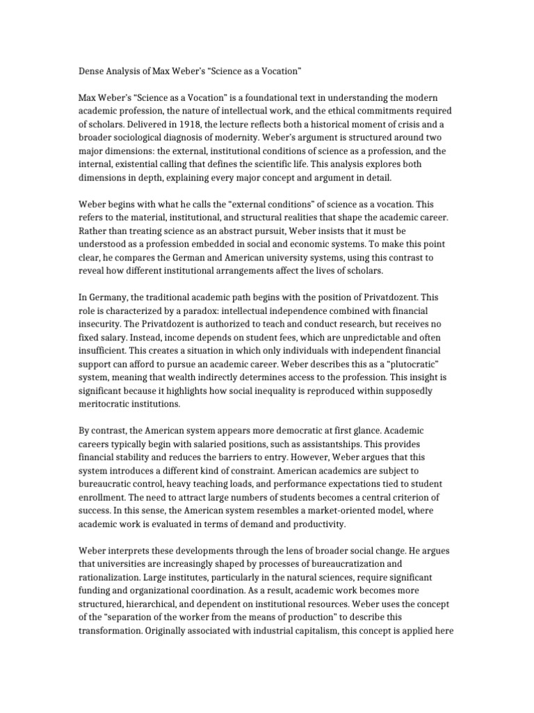 Science as a Vocation Analysis v2 | PDF | Max Weber | Science